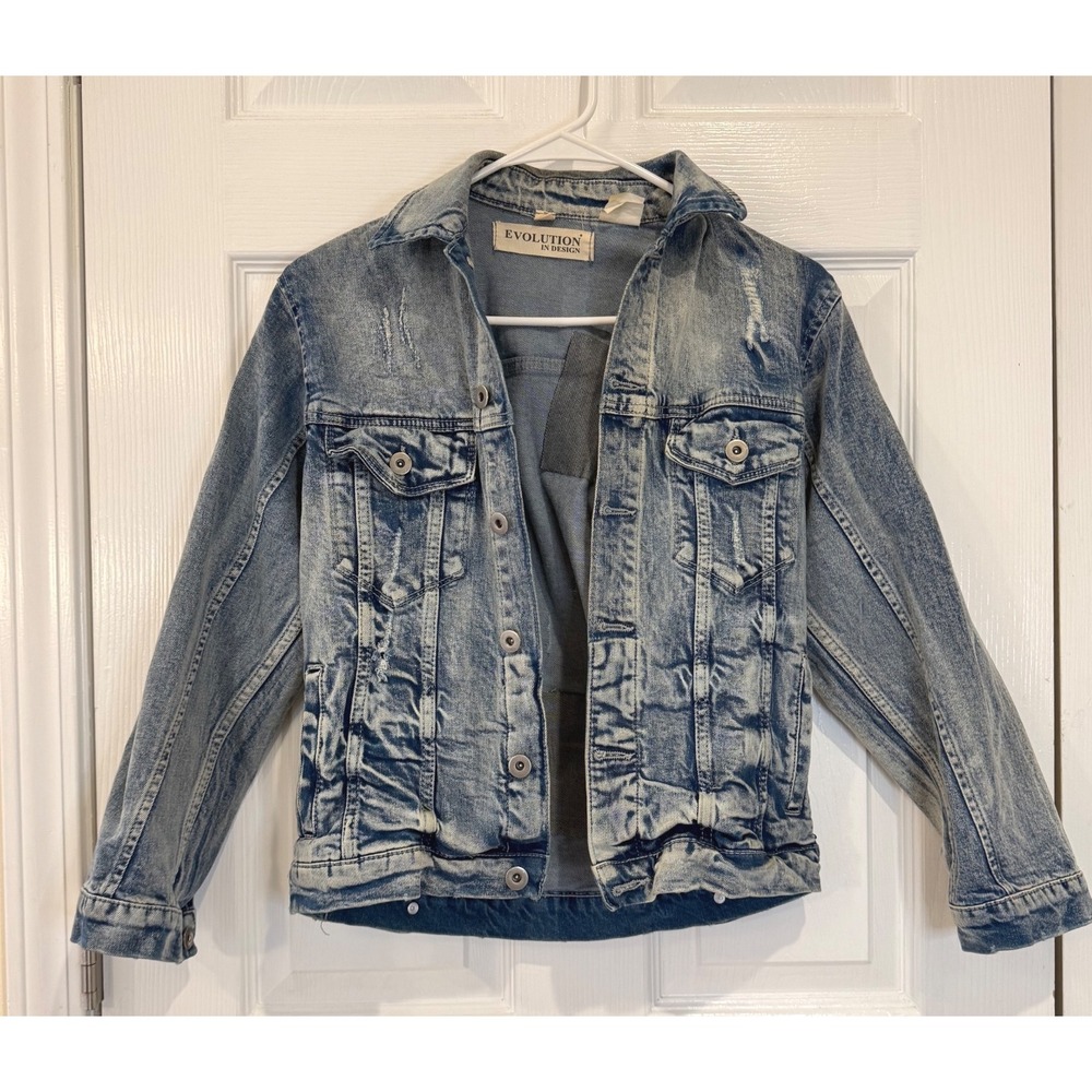 Evolution in Design Denim Jacket Blue Acid Wash Distressed Jean Jacket‎ M